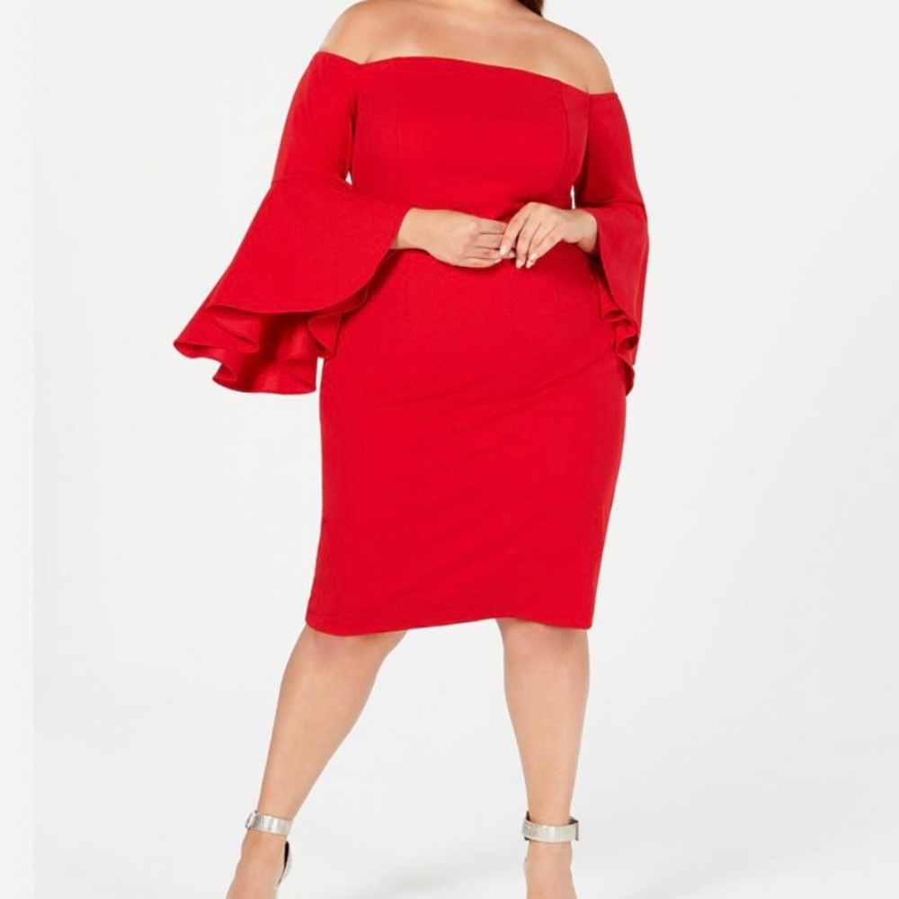 NWT Red Calvin Klein *Off the Shoulder* Cocktail Dress With Bell Sleeves 18W